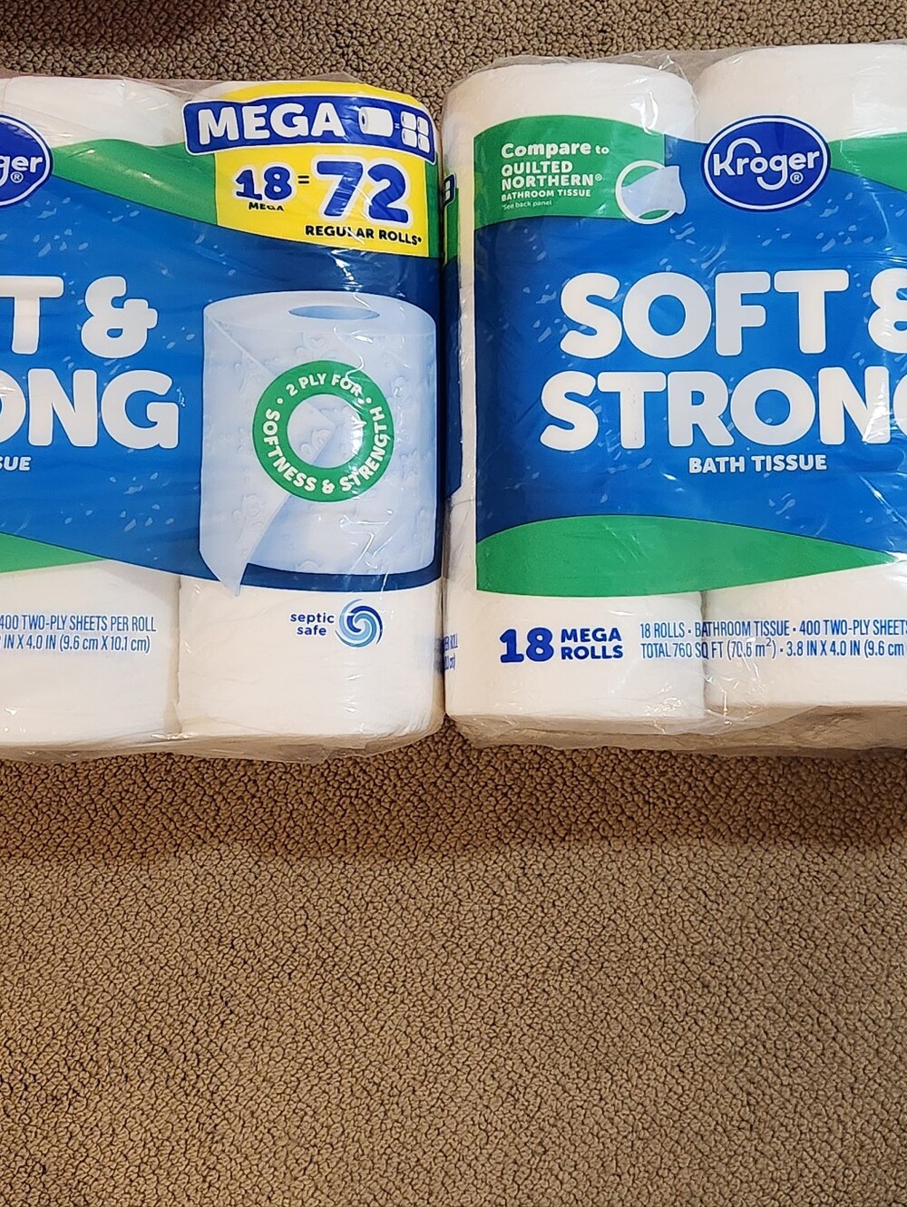 New Packagese of Kroger Toilet Paper 18 Mega Rolls=72 Regular Rolls
